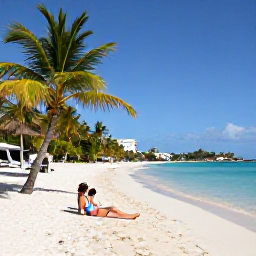 Caribbean Holidays, Cheap September Holidays, Quiet Caribbean beach on Saint Martin in September, with palm trees, calm turquoise water and a couple relaxing on the sand