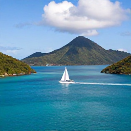 Caribbean Holidays, Cheap September Holidays, Sailing boat passing between the British Virgin Islands, clear Caribbean sea, dramatic green islands and bright September sunlight