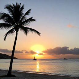 Caribbean Holidays, Cheap September Holidays, Sunset over a Caribbean bay in Sint Maarten, with palm-lined shore, warm evening light and distant sailing boats