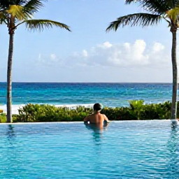 Caribbean Holidays, Cheap September Holidays, Traveller relaxing beside a Caribbean infinity pool overlooking a bright blue sea, tropical gardens and a peaceful September afternoon