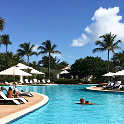 Caribbean Holidays, Cheap September Holidays, Travellers relaxing beside a bright Caribbean swimming pool at a Dominican Republic resort, with palm trees and September sunshine