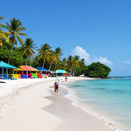 Caribbean Holidays, Cheap September Holidays, Visitors enjoying the calm sandy shoreline and clear water at Pigeon Point, Tobago, with colourful beach facilities and coconut palms