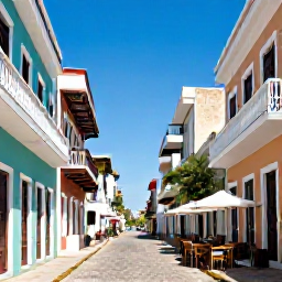 Caribbean Holidays, Cheap September Puerto Rico, Colourful Old San Juan street with pastel colonial buildings, cobbled paving, balconies and caf&eacute;s under bright Caribbean sunshine
