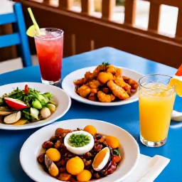 Caribbean Holidays, Cheap September Puerto Rico, Friendly Puerto Rican restaurant with colourful local dishes, mofongo, fresh seafood and tropical drinks on an outdoor table