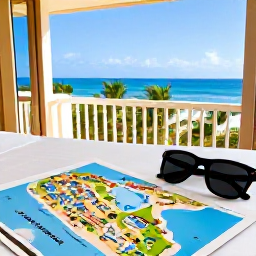 Caribbean Holidays, Cheap September Puerto Rico, Relaxed Puerto Rican hotel room with balcony, tropical view and a simple travel planning scene showing beach maps and sunglasses