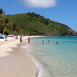 Caribbean Holidays, Cheap September Puerto Rico, Travellers swimming and relaxing on a beautiful Puerto Rican beach with clear water, soft sand and green hills in the background