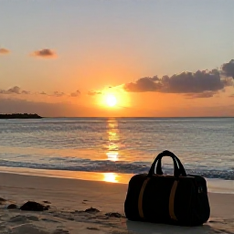 Caribbean Holidays, Cheap Solo Holidays, Happy solo traveller watching a Caribbean sunset from a peaceful beach, small day bag nearby