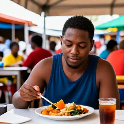 Caribbean Holidays, Cheap Solo Holidays, Solo traveller enjoying a local Caribbean meal at an outdoor caf&eacute; beside a lively market