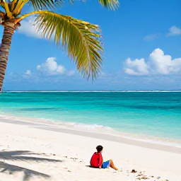 Caribbean Holidays, Cheap Solo Holidays, Solo traveller relaxing on a quiet Caribbean beach with a small backpack, turquoise sea and palm trees