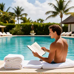 Caribbean Holidays, Cheap Spa Breaks, A relaxed traveller reading beside a Caribbean pool after a spa treatment, with a folded towel and tropical landscape