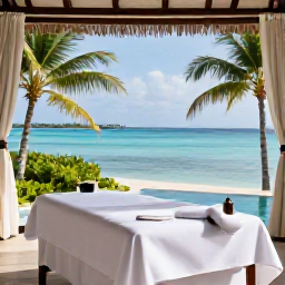 Caribbean Holidays, Cheap Spa Breaks, A tranquil Caribbean spa resort with a treatment room, palm trees and calm turquoise water in the background