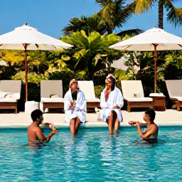 Caribbean Holidays, Cheap Spa Breaks, Friends enjoying an affordable Caribbean spa day beside a bright pool, with robes, drinks and tropical planting