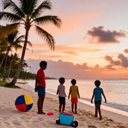 Caribbean Holidays, Cheap Sporting Holidays, Families and friends enjoying a low-cost Caribbean resort beach with sports equipment, palm trees and a sunset sky