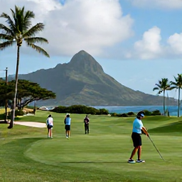 Caribbean Holidays, Cheap Sporting Holidays, Holidaymakers playing golf on a lush Caribbean course with palm trees, mountains and ocean views