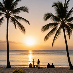 Caribbean Holidays, Cheap Trinidad Holidays, A friendly Caribbean sunset over Tobago with palm-fringed sand, calm sea and travellers enjoying a relaxed evening