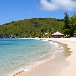Caribbean Holidays, Cheap Trinidad Holidays, A quiet Tobago beach with clear shallow water, green hills and a simple local guesthouse nearby