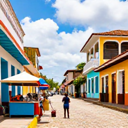 Caribbean Holidays, Cheap Trinidad Holidays, Colourful Port of Spain street scene with local food stalls, painted buildings and visitors exploring the city