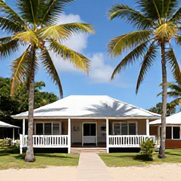 Caribbean Holidays, Cheap Trinidad Holidays, Comfortable modest guesthouse near a tropical beach in Tobago with palm trees and relaxed holiday atmosphere