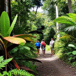 Caribbean Holidays, Cheap Trinidad Holidays, Lush Tobago rainforest trail with a guide and visitors looking at birds and tropical plants
