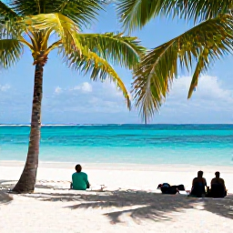 Caribbean Holidays, Cheap Trinidad Holidays, Relaxed tropical beach on Tobago with clear turquoise water, palm trees and travellers enjoying a peaceful budget holiday