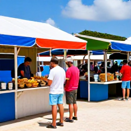 Caribbean Holidays, Cheap Turks and Caicos, A budget-conscious traveller exploring a colourful local market and casual food stalls in Providenciales, Turks and Caicos