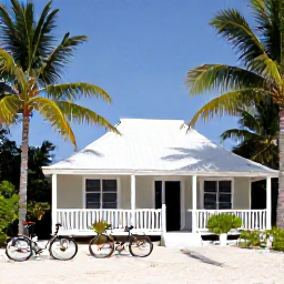 Caribbean Holidays, Cheap Turks and Caicos, A simple, comfortable guesthouse near a palm-lined beach in Providenciales, Turks and Caicos, with bicycles and a small outdoor seating area