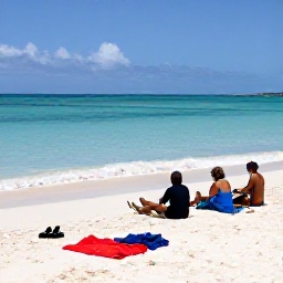 Caribbean Holidays, Cheap Turks and Caicos, Visitors relaxing on Grace Bay Beach in Providenciales, Turks and Caicos, with snorkelling gear, towels and calm shallow turquoise water
