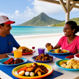 Caribbean Holidays, Cheap US Virgin Islands, Local Caribbean food served at a casual roadside stall in the US Virgin Islands, colourful plates, friendly atmosphere and island scenery