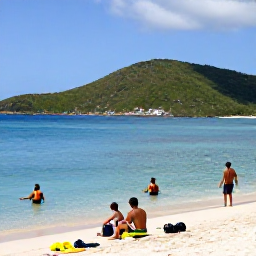 Caribbean Holidays, Cheap US Virgin Islands, Travellers enjoying a free public beach on St John, US Virgin Islands, with calm turquoise sea, green hills and snorkelling equipment
