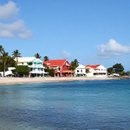 Caribbean Holidays, Cheap USVI Holidays, Colourful waterfront and palm-lined beach on St Croix, with calm Caribbean sea and local buildings