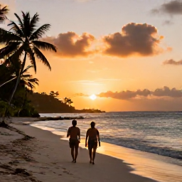 Caribbean Holidays, Cheap USVI Holidays, Couple walking along a quiet Caribbean beach at sunset in the United States Virgin Islands