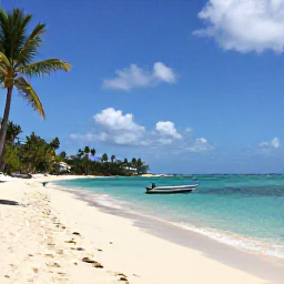 Caribbean Holidays, Cheap USVI Holidays, Relaxed sandy beach on St Thomas with clear water, palm trees and a small local boat