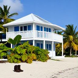 Caribbean Holidays, Cheap Walking Holidays, A budget-friendly Caribbean guesthouse near a sandy beach, with walking boots, a small backpack and tropical plants outside