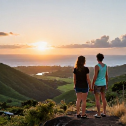 Caribbean Holidays, Cheap Walking Holidays, A happy couple watching the sunset from a Caribbean hillside after a day of walking, with sea and green valleys below
