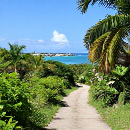 Caribbean Holidays, Cheap Walking Holidays, A relaxed coastal walking trail through lush Caribbean vegetation, with turquoise sea, bright sky and a small fishing village in the distance