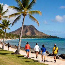 Caribbean Holidays, Cheap Walking Holidays, Travellers walking along a scenic Caribbean coastline beside palm trees, volcanic hills and clear blue water