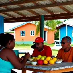 Caribbean Holidays, Cheap Walking Holidays, Walkers sharing fresh fruit and local food at a modest roadside caf&eacute; in a colourful Caribbean village
