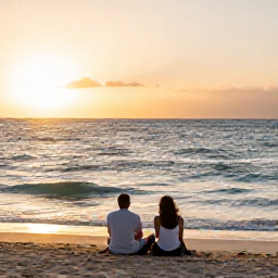 Caribbean Holidays, Cheap Wellness Holidays, Couple sitting quietly on a Caribbean beach at sunset, with gentle waves, warm evening light and a simple relaxed setting