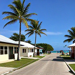 Caribbean Holidays, Cheap Wellness Holidays, Peaceful Caribbean coastal village with small guesthouses, palm-lined streets, clear sea and visitors enjoying a slow afternoon