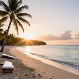 Caribbean Holidays, Cheap Wellness Holidays, Quiet Caribbean beach at sunrise with calm turquoise water, soft sand, palm trees and a peaceful wellness atmosphere