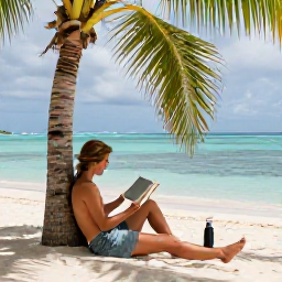 Caribbean Holidays, Cheap Wellness Holidays, Traveller relaxing under a palm tree beside a Caribbean beach, with a book, a reusable water bottle and peaceful blue sea