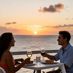 Caribbean Holidays, Cheap Wine Holidays, A couple enjoying a relaxed sunset meal with wine on a Caribbean terrace overlooking the sea