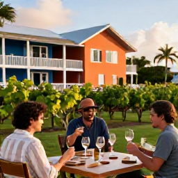 Caribbean Holidays, Cheap Wine Holidays, A relaxed Caribbean vineyard or wine tasting setting with colourful local architecture, warm sunlight and travellers enjoying an affordable tasting experience