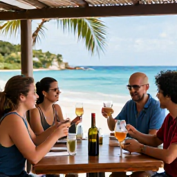 Caribbean Holidays, Cheap Wine Holidays, Travellers sampling local wines and Caribbean drinks at a friendly open-air tasting table beside a coastal restaurant