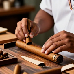 Caribbean Holidays, Cigar Tours, Close-up of a skilled Caribbean cigar maker hand-rolling cigars at a wooden workbench in an inviting workshop