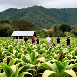 Caribbean Holidays, Cigar Tours, Green tobacco fields beneath tropical hills with a small Caribbean farm building and walking tour group