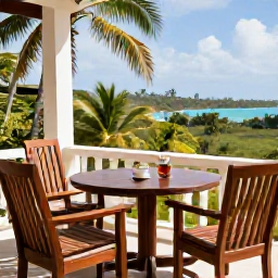 Caribbean Holidays, Cigar Tours, Relaxed Caribbean terrace with wooden chairs, coffee, rum and cigars overlooking a sunlit tropical landscape