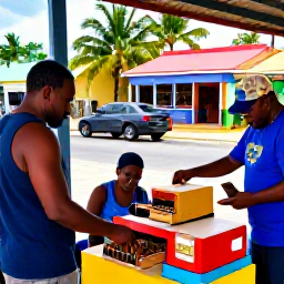 Caribbean Holidays, Cigar Tours, Travellers leaving a colourful Caribbean cigar workshop with locally made cigar boxes and a tropical street scene behind them