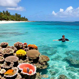 Caribbean Holidays, Coral Viewing, A clear Caribbean bay with a snorkeller viewing colourful coral reefs and tropical fish near a sandy beach