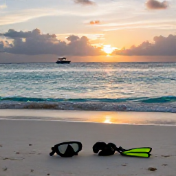 Caribbean Holidays, Coral Viewing, A relaxed Caribbean beach at sunset with snorkelling gear, calm turquoise water and a small reef boat in the distance